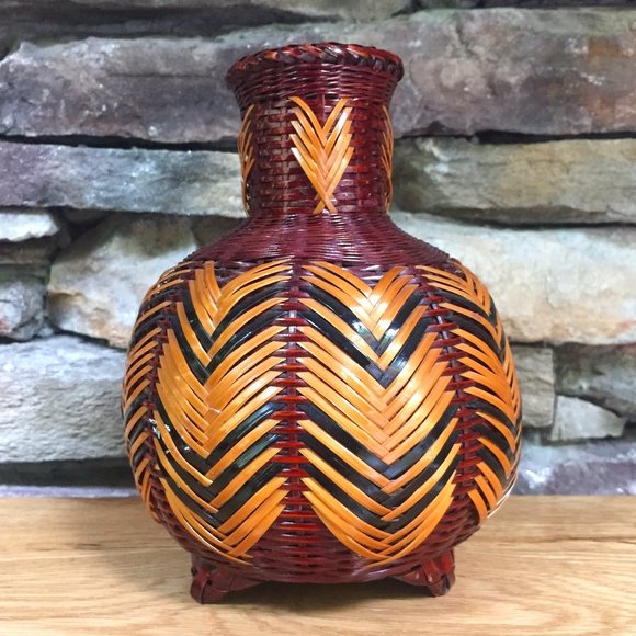 VTG Wicker Vase Pedestal Ceramic Lined Boho Decor
